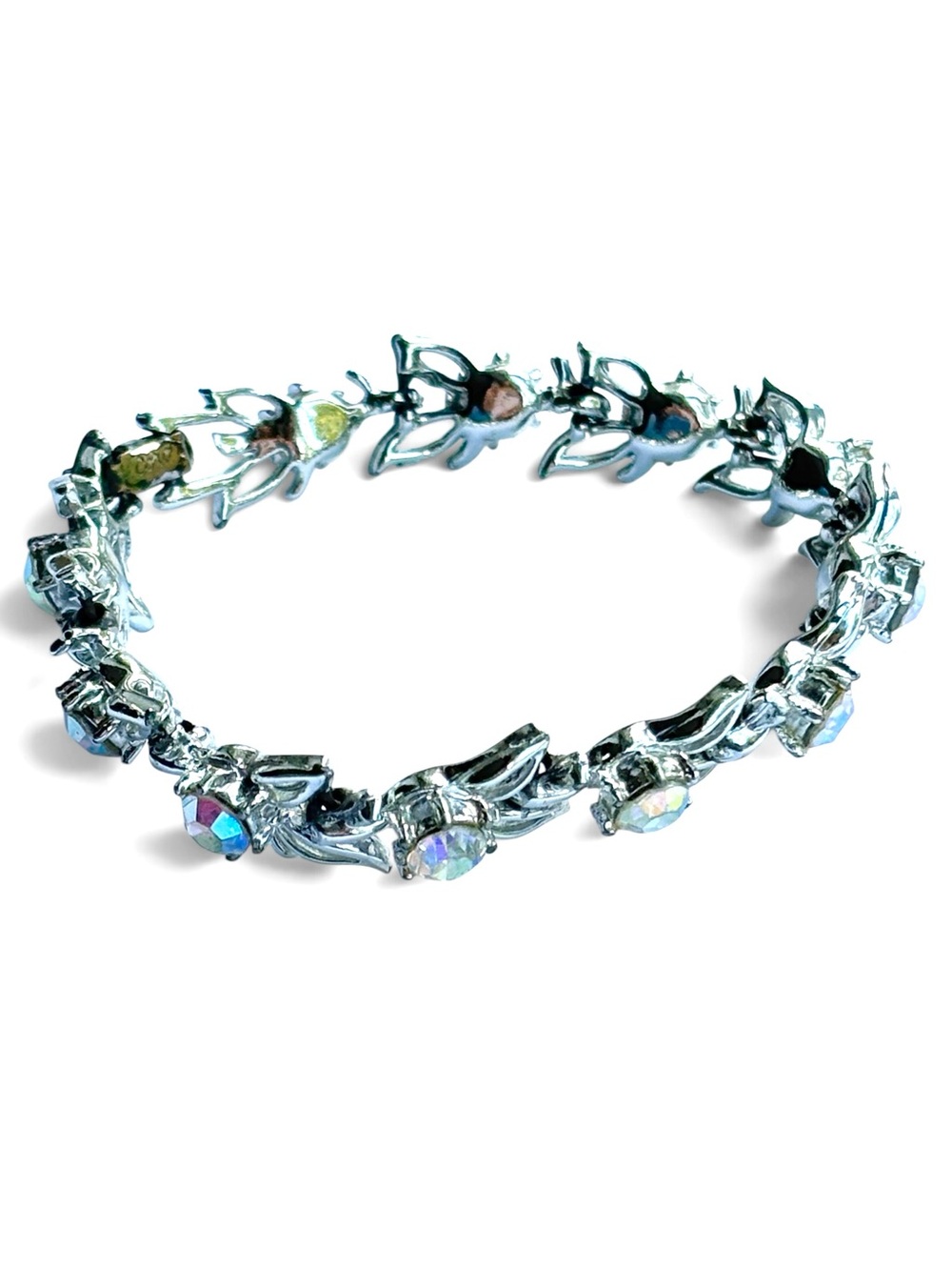 Coro Signed 1950s Crystal Vintage AB Rhinestone Floral Silver Tone Bracelet MCM